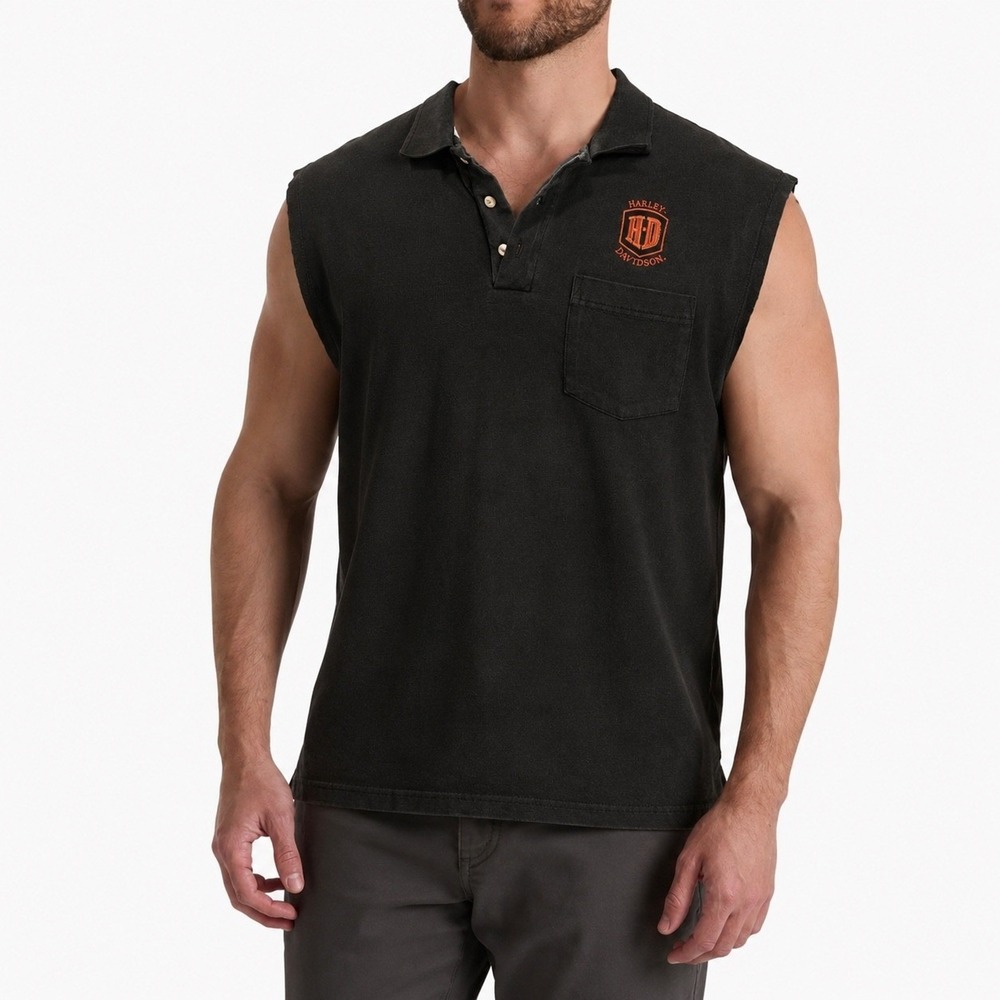 Harley Davidson Motorcycles Black Sleeveless Polo Shirt Top